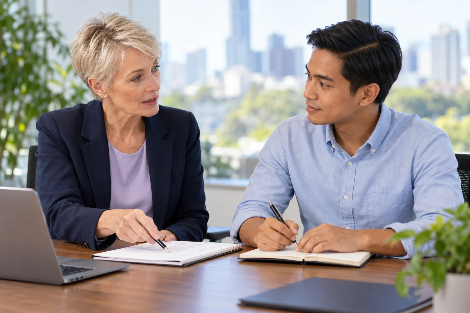 A female team leader discussing feedback with a male colleague at a desk