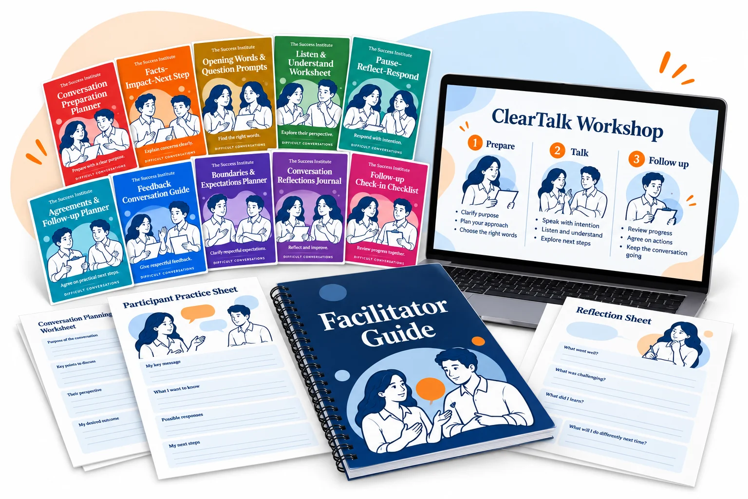 ClearTalk conversation resources with a facilitator guide, workshop presentation and participant practice worksheets