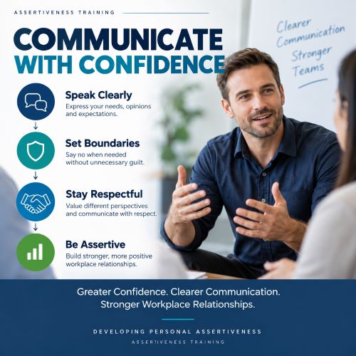Assertiveness training infographic showing practical skills for confident and assertive workplace communication