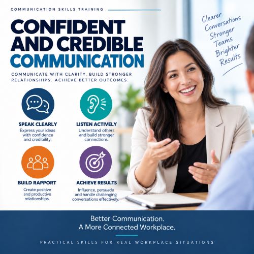 Communication skills training infographic showing confident speaking, active listening, rapport building and effective workplace communication