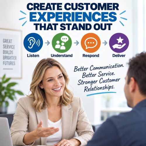 Customer service training infographic showing practical skills for delivering excellent customer experiences