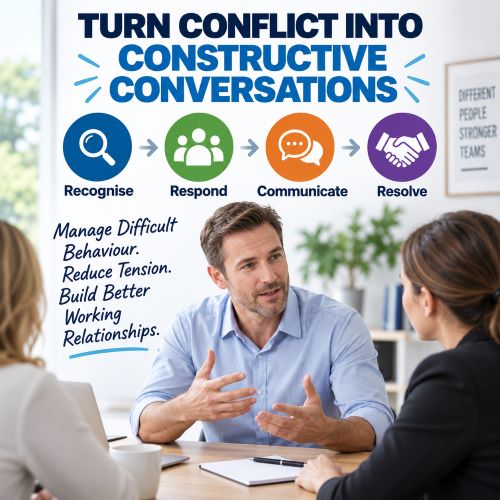 Conflict resolution training infographic showing practical steps for managing workplace conflict and difficult people