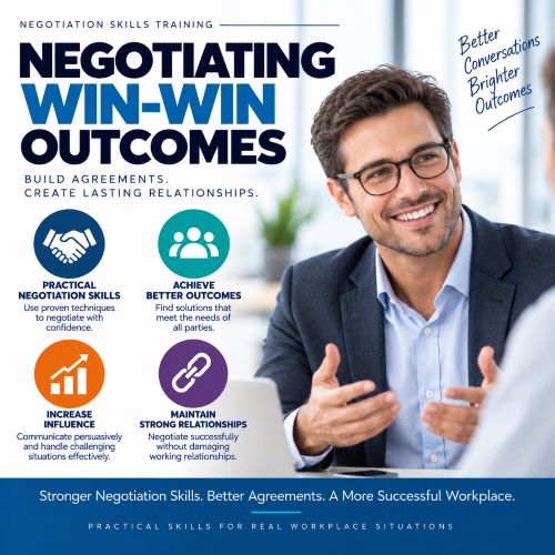 Negotiation skills training infographic showing practical techniques for achieving win-win outcomes and stronger workplace agreements