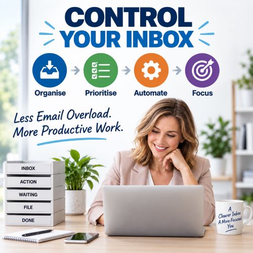 Email management training infographic showing how to organise, prioritise and manage a busy inbox