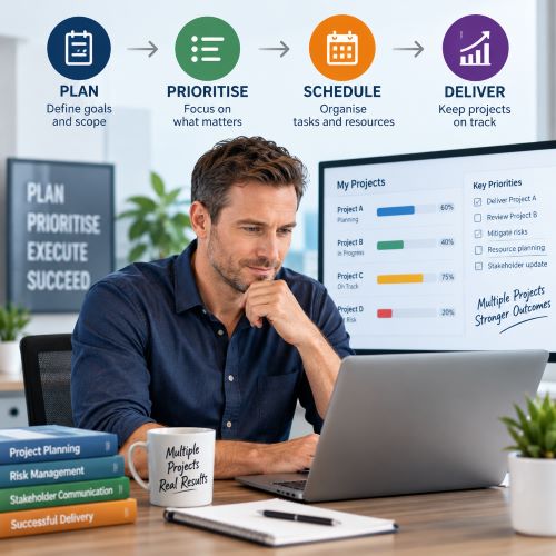 Managing multiple projects training infographic showing planning, prioritising, scheduling and project delivery