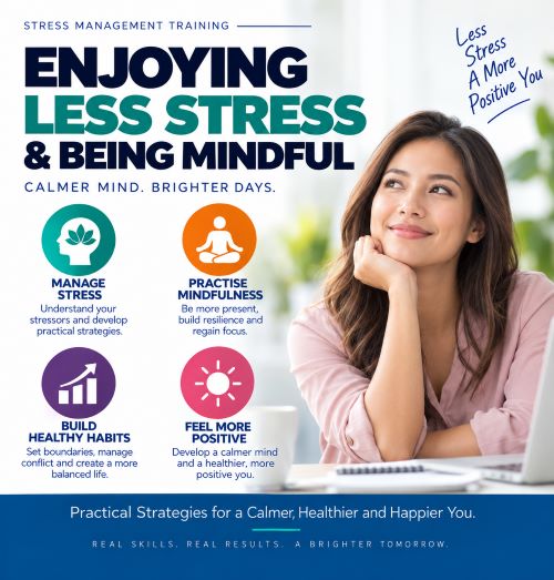 Stress management training infographic showing mindfulness, healthy habits and practical strategies for managing workplace stress