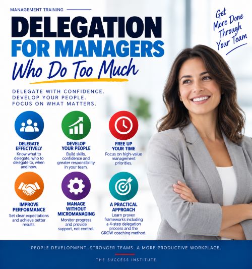 Delegation skills training infographic showing effective delegation, employee development, performance management and managing without micromanaging