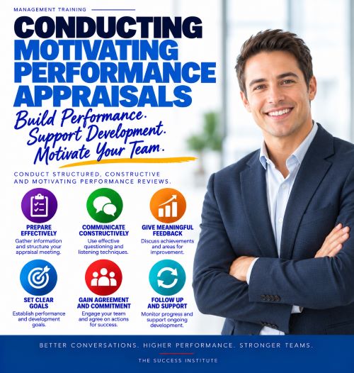 Performance appraisal training infographic showing preparation, constructive communication, meaningful feedback, goal setting and employee development
